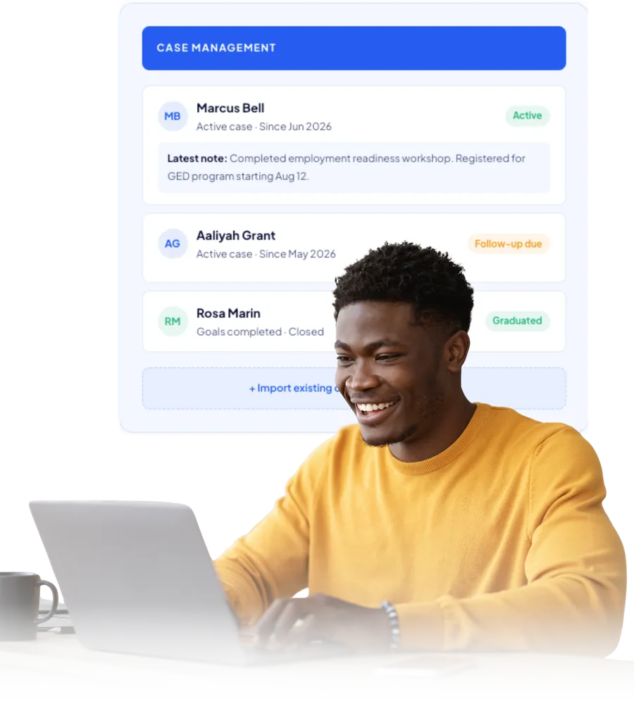 A caseworker using FreshOut 360 case management on his laptop
